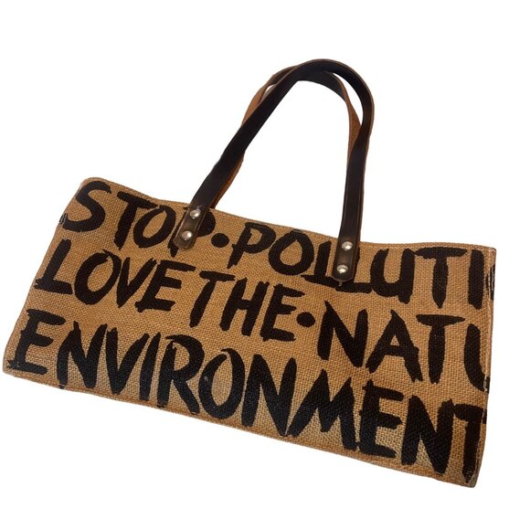 Eco-Friendly Jute Tote Bag With Leather Handles Brown environmental theme Small - Picture 3 of 8
